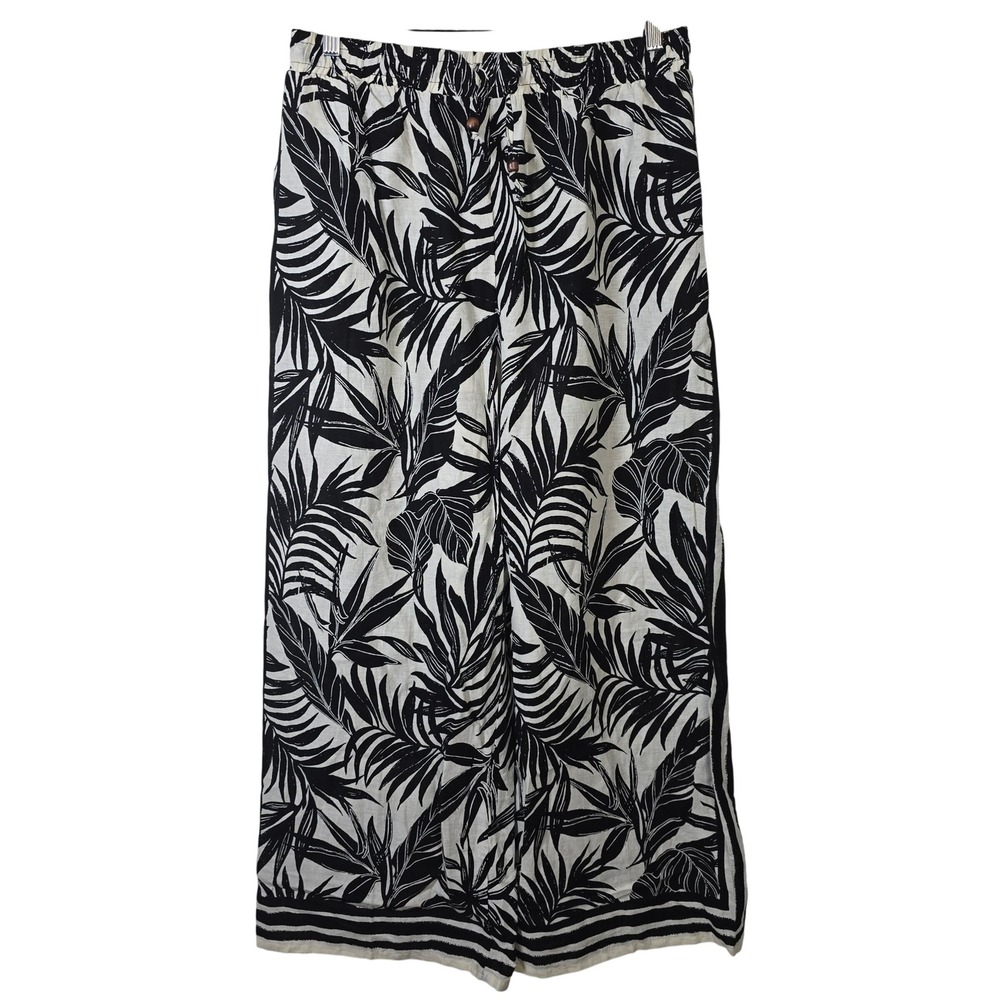 Rachel Zoe Women Black White Tropical Palm Linen Blend Wide Leg Pants Size L
